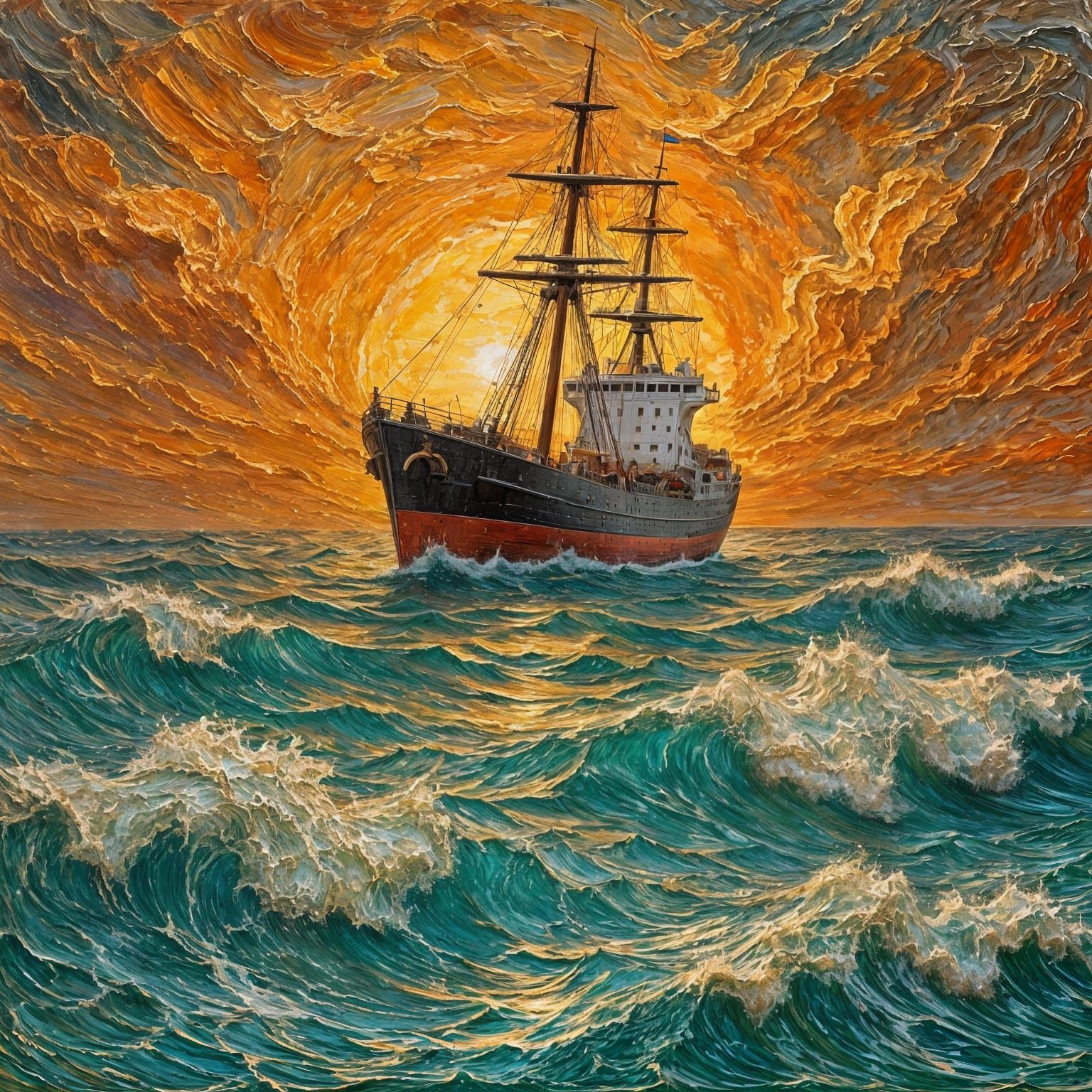Thick Impasto Ship Sailing at Sunset