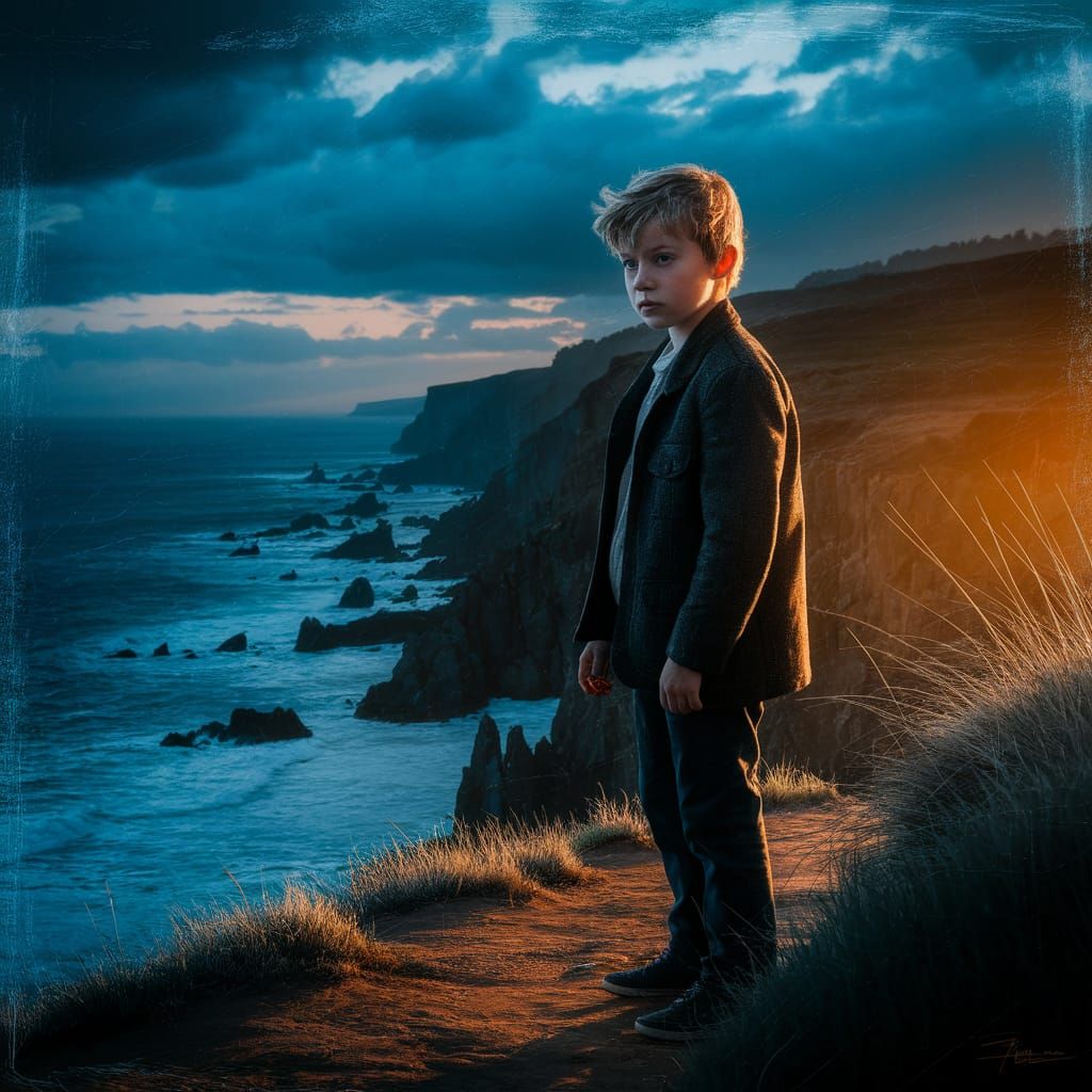A cinematic portrait of a young boy, sharply in focus, standing alone on a rugged cliffside overlooking a vast, moody coastal scene. The atm...