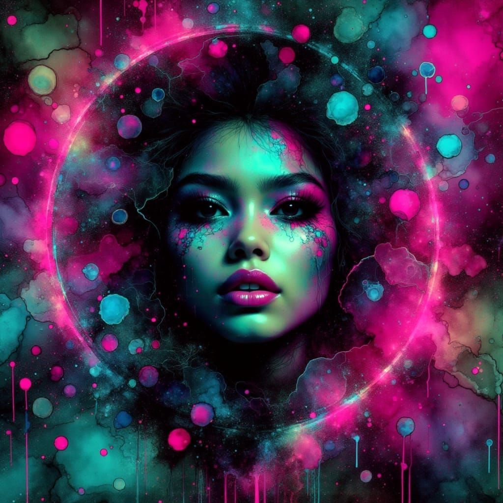 <lora:HRH-neon-grunge:1.0> A futuristic katana, full lips sculpted from glitching neon fragments, crowned in spiraling electric halos and wr...