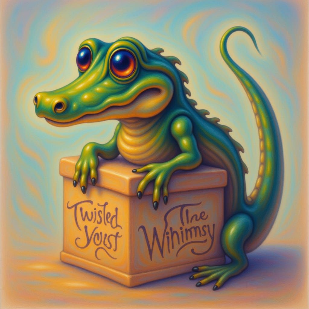 <lora:-Twisted Whimsy-:1.0> A crocodile sits on a box. Text "Twisted" and "Whimsy" painted on each side of the box in cursive letters.