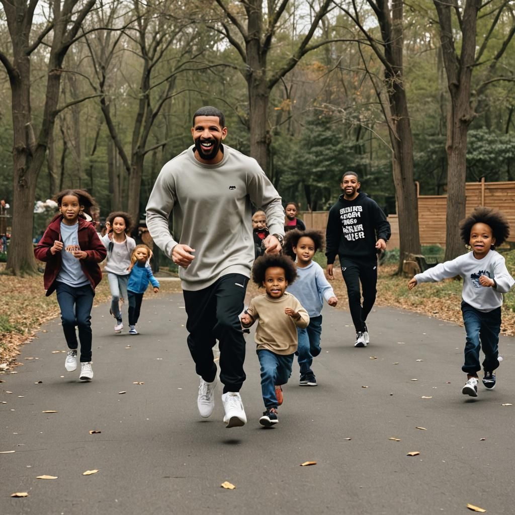 Drake running behind children