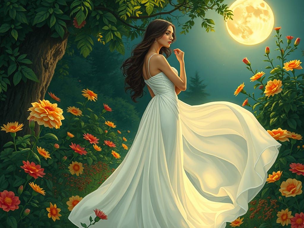 Ethereal Art Nouveau Goddess in Moonlit Garden