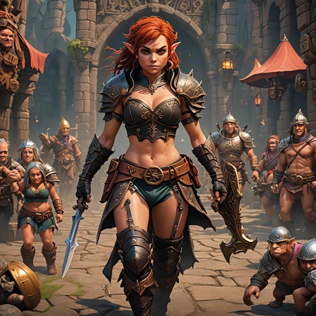 Female halfling fighter in corset In bikini bottom