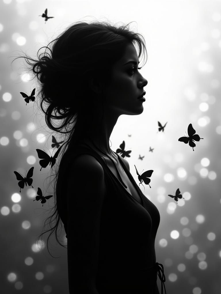 Silhouette Woman with Bokeh and Butterflies