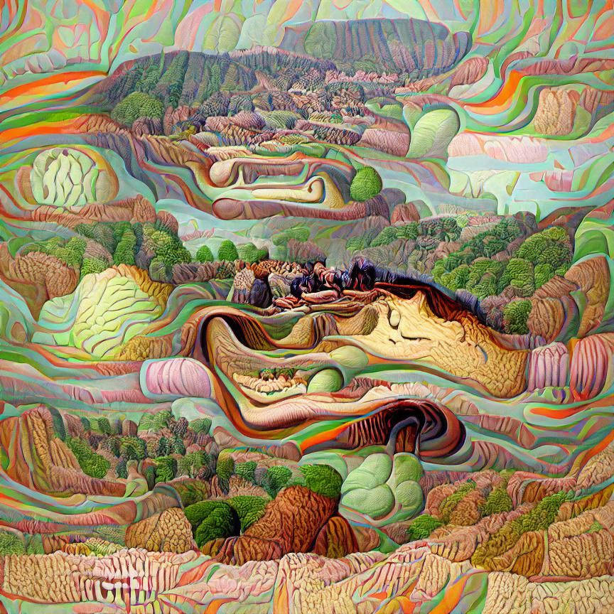 a psychedelic landscape painting of rolling forested hills a...