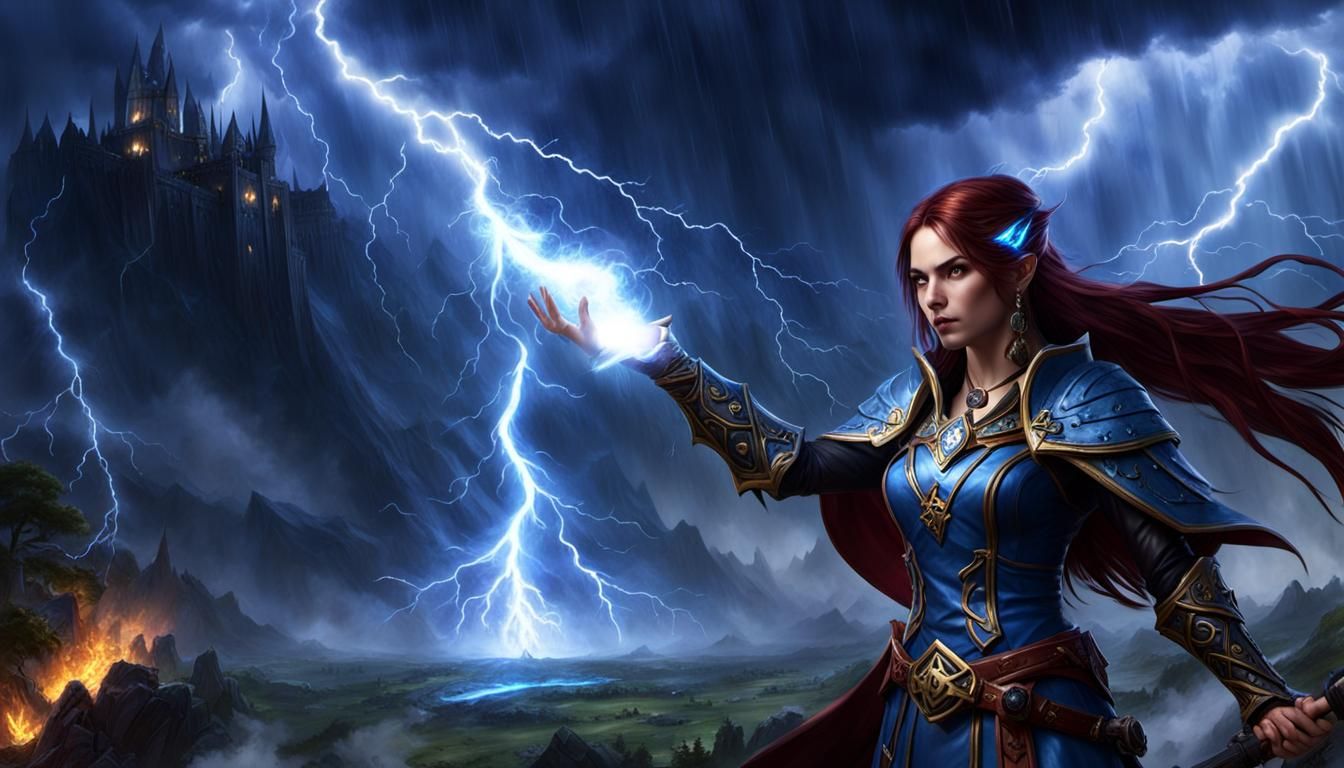 a sorceress conjuring a thunderstorm