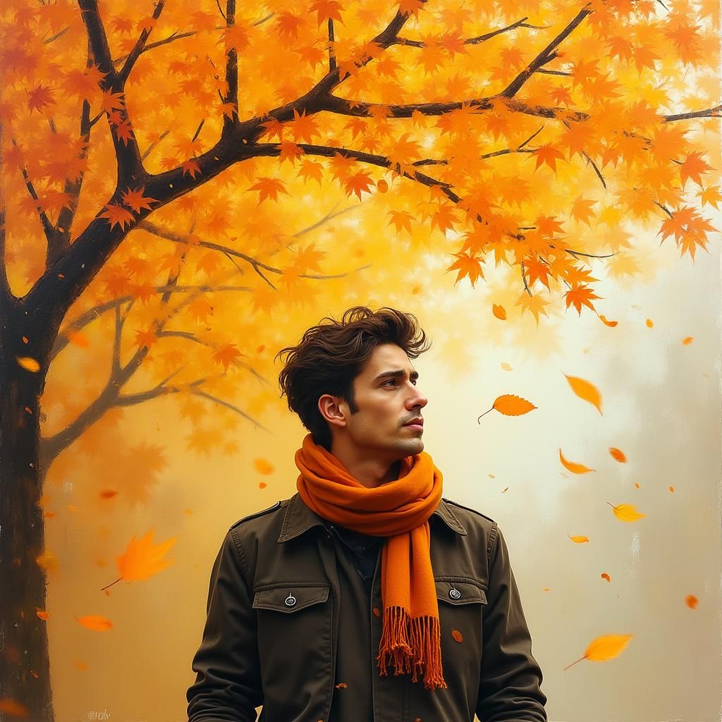 A man standing under a canopy of golden autumn leaves, his figure partially blurred as if caught in the swirling motion ...