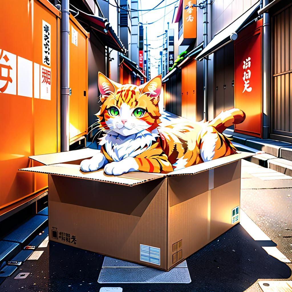 Beautiful Cute Anime Japanese Orange Striped Cat Green Eyes Sitting 