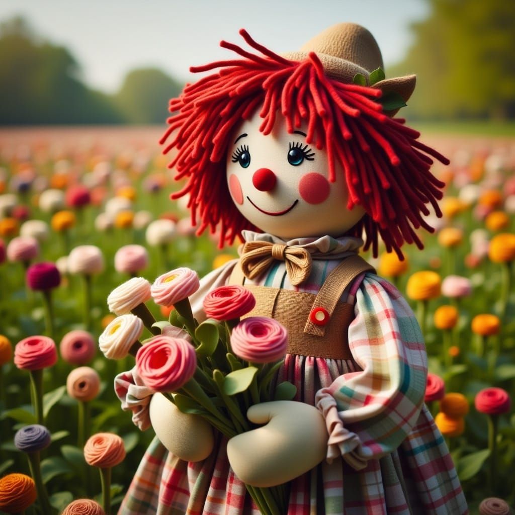 <lora:Ragdoll:1.0>long shot full body view of a male ragdoll made out of burlap and quilt pieces, roughly sewn patchwork, and red yarn for h...