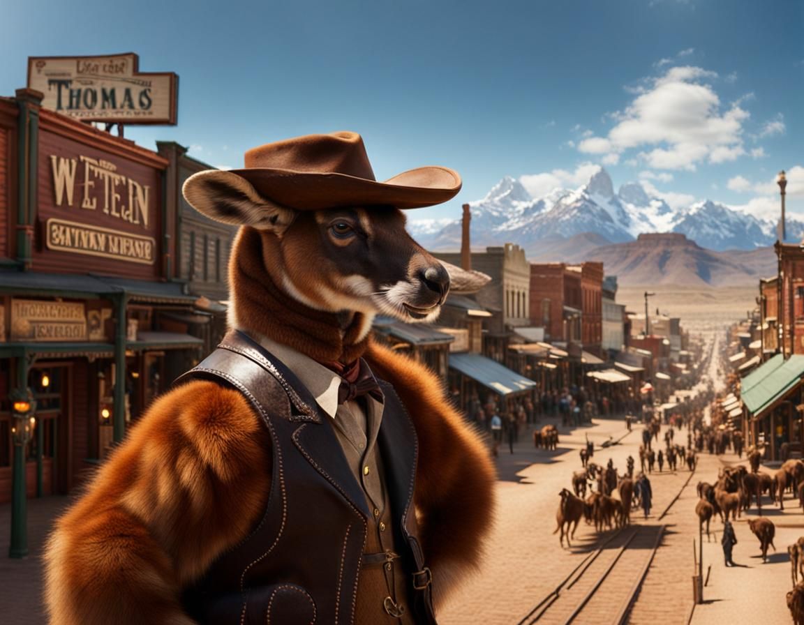 "Long shot of An kangaroo with a leather vest and brown fur ...
