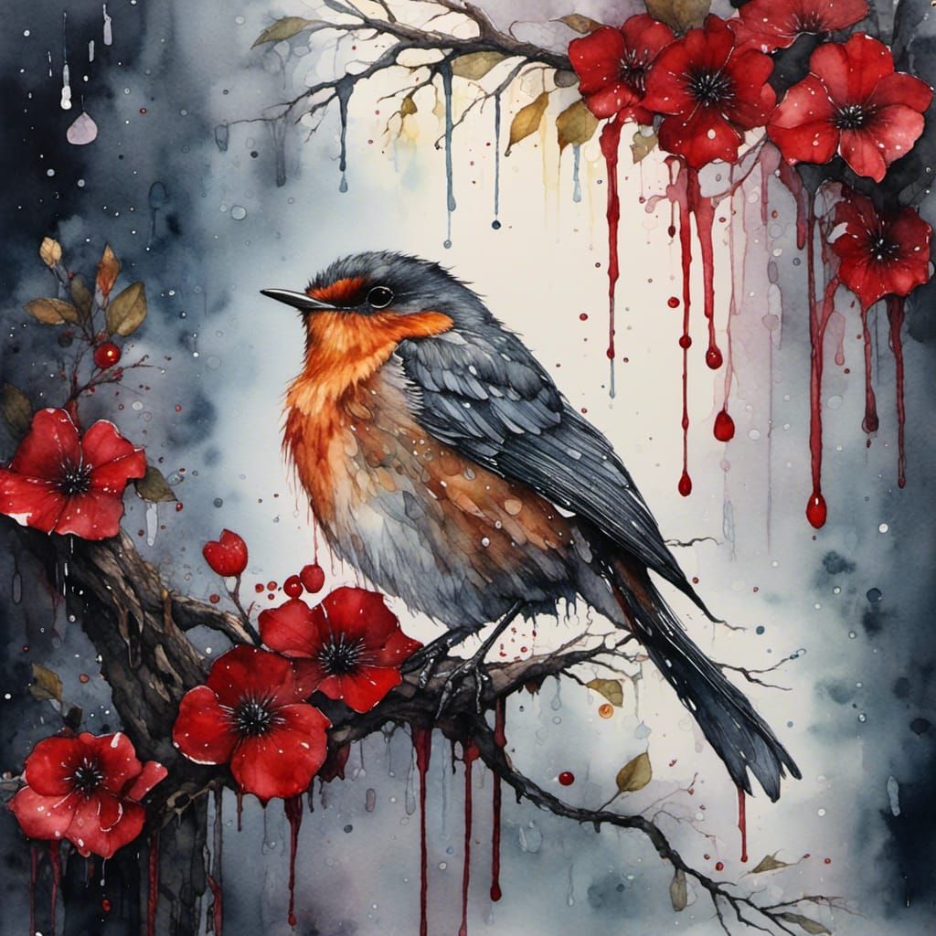 Watercolor painting, <lora:Red Water:1.0>, Red Robin perched on a tree, moonlight, intricately detailed, stunning 
