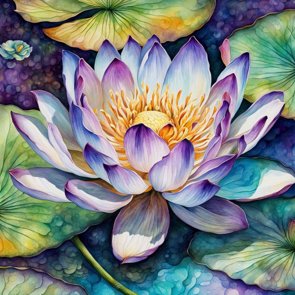 Watercolor lotus flower asian style purple turquoise signed stamped Josephine Wall  by @eileenMcC