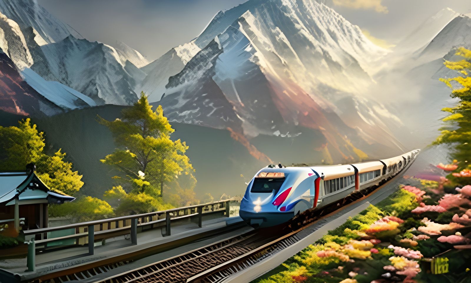 Bullet train arrives at mountain station   by @Dom Jesus