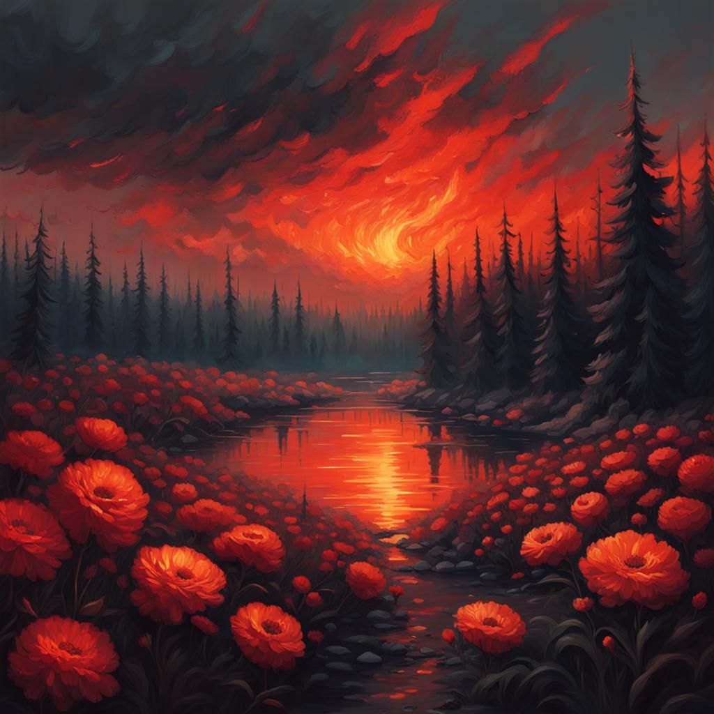 Fiery Flower in Guache Style