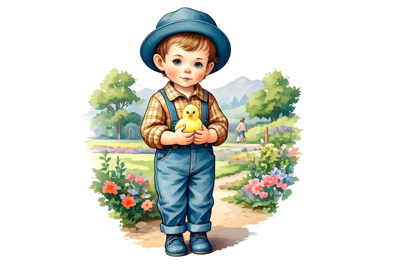 Boy Cradling Chick in Watercolor Garden Scene