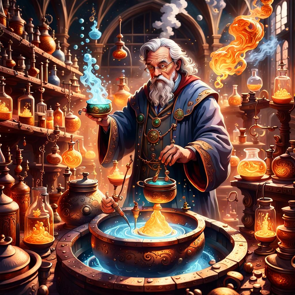 An ancient scientist in his medieval alchemist's laboratory stirs a ...