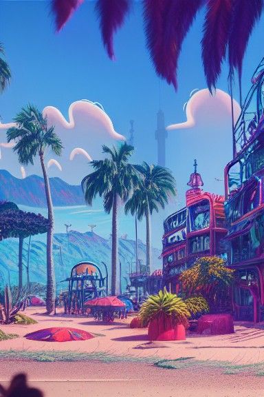 A neon jungle city by the sea