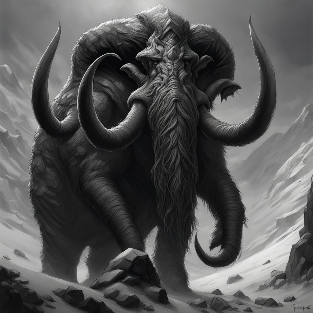 Dark, portrait, mastodon, details, intricate, tundra. Black ...