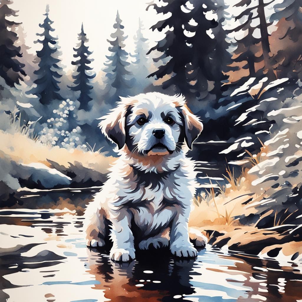 Watercolor Puppy with Deep Color and Shadows