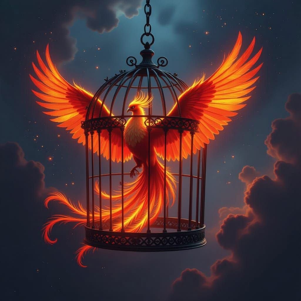 A majestic phoenix with fiery plumage trapped within an ornate, antique birdcage, its bars twisted into thorny vines. The cage floats in a n...