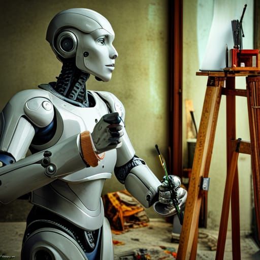 A humanoid robot painting a picture. The robot and the canva...
