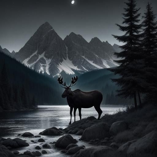 Realistic, moose with huge antlers ,   , in the wild, trees,...