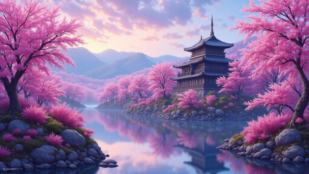 A machiya palace during Sakura blossoming. 
<lora:Purple Visions:1.0>