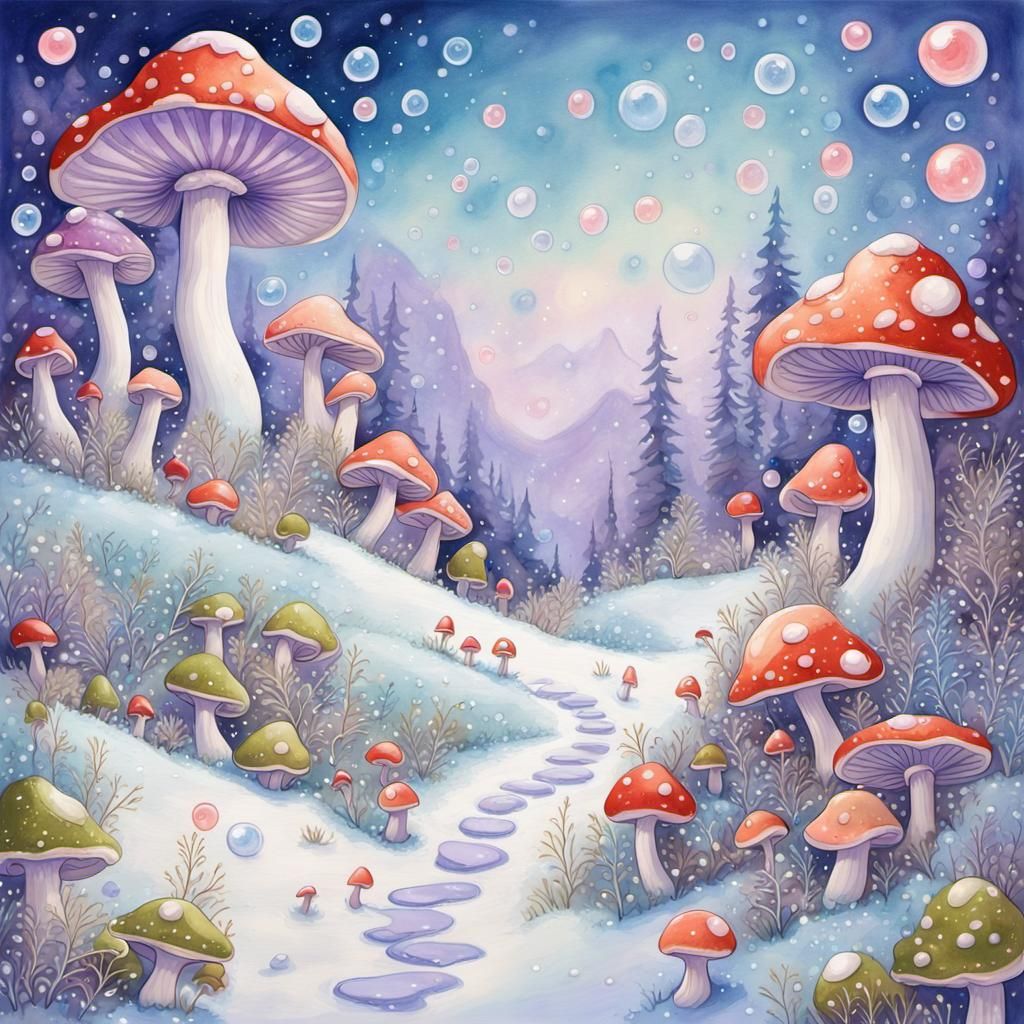Elven Wonderland with Bubbles and Glitter in Gouache Style