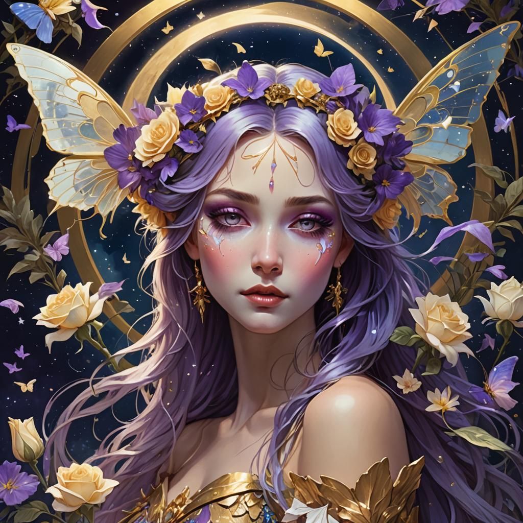 weeping fairy with iridescent   large wings wearing gold and...