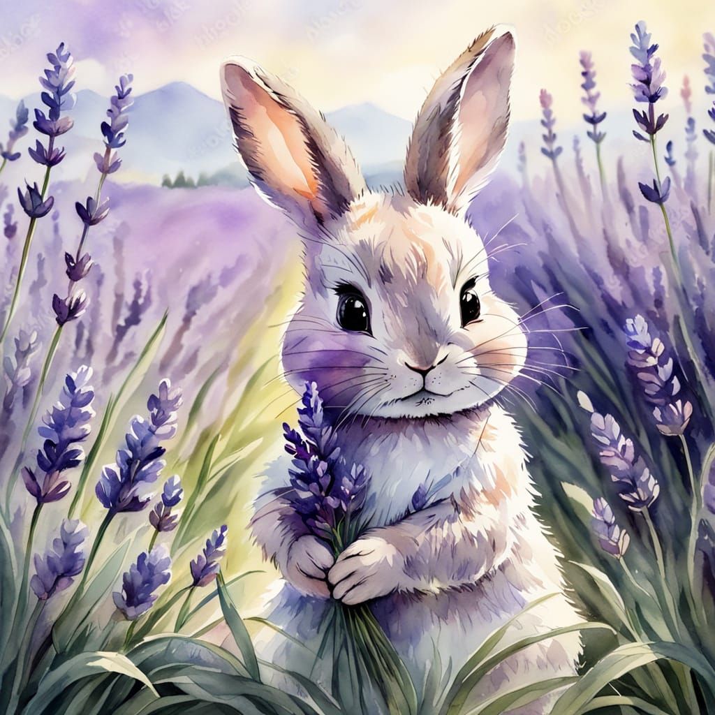 Bunny with Lavender Flower: Watercolor Painting