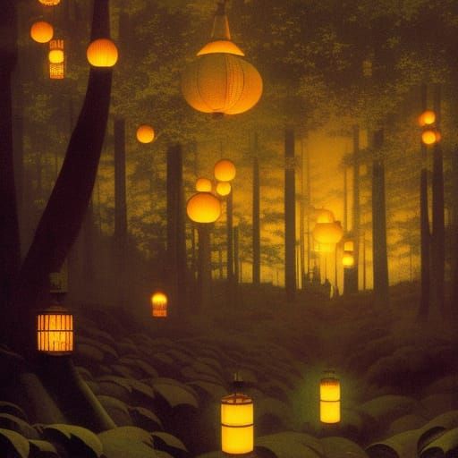wild fireflies forest 1920s japan lanterns Maxfield Parrish