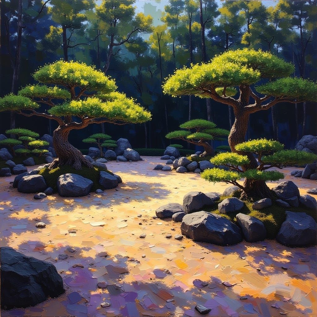 <lora:MJ6:1.0> A serene Zen garden with meticulously arranged sand and bonsai trees, expressionism painting, the overall style has elements...