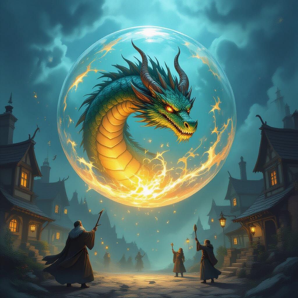 Sleeping Dragon in Soap Bubble Over Haunted Ghost Towns