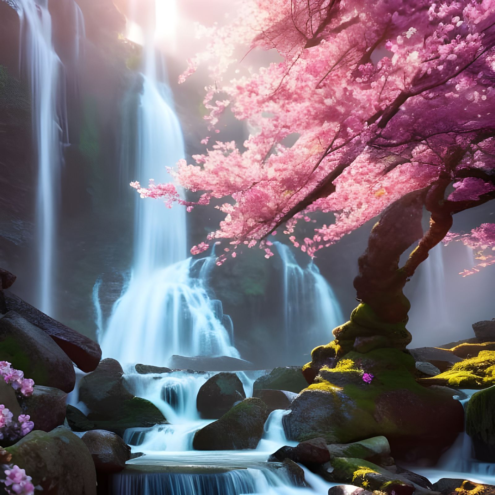 Cherry Blossom Waterfalls - AI Generated Artwork - NightCafe Creator