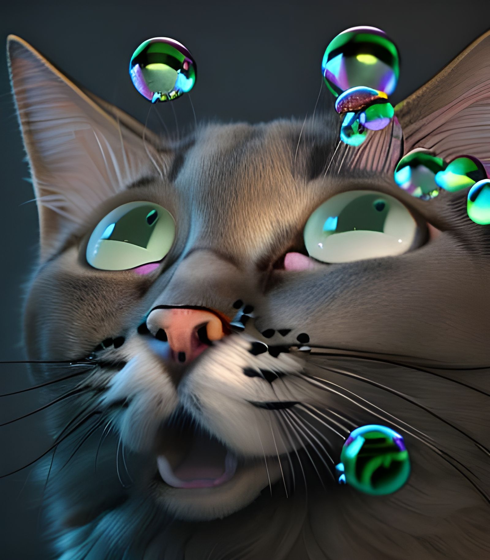 a close up of a cat with bubbles on its head, a 3D render by...