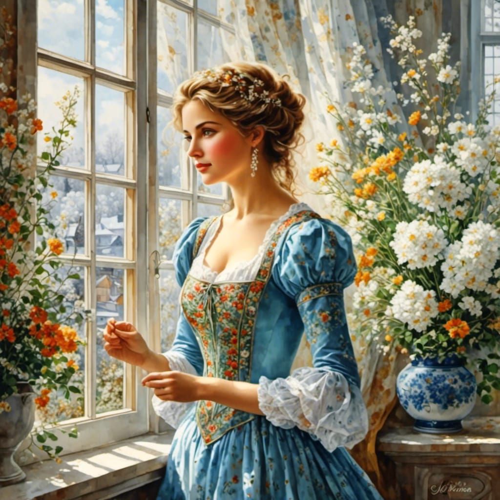 <lora:folklore:1.0> My fairy Lady, unique style, classic, woman in front of window, behind is fight between two season ´winnter and spring,...