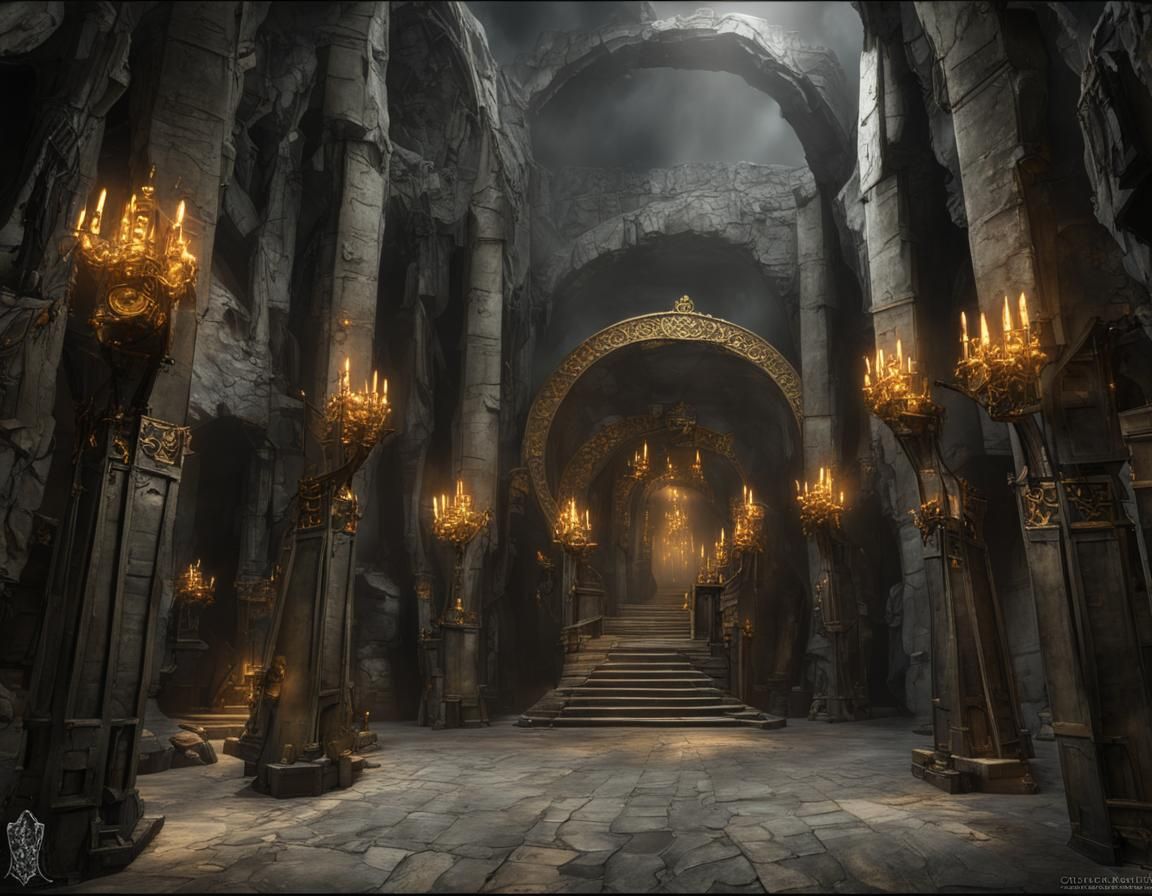 The mines of moria in their best times, high walls, golden ornaments, throne, jewels, darf warriors, ...  by @Lesekopf