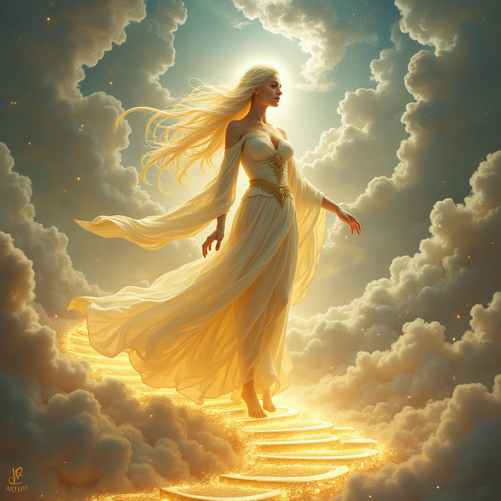 A radiant aasimar sorcerer, female, standing 6'0" with a gra...