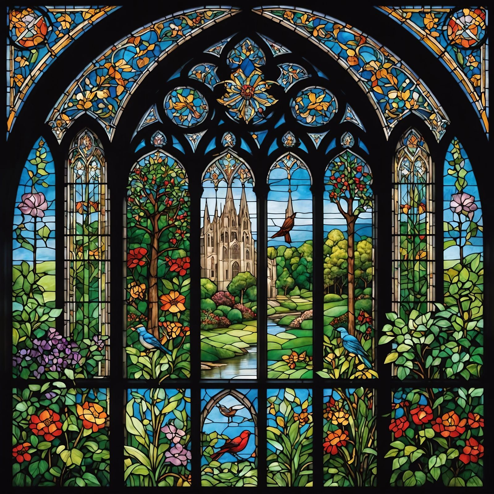 Beautifully crafted stained glass window depicting a serene garden scene with vibrant flowers, birds, and a distant cathedral.  by @Phantazia