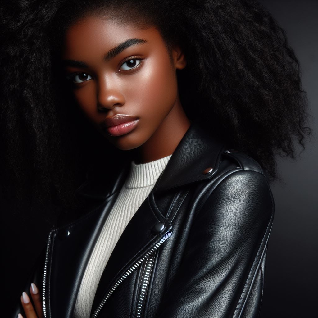 Black Beautiful woman posing in leather