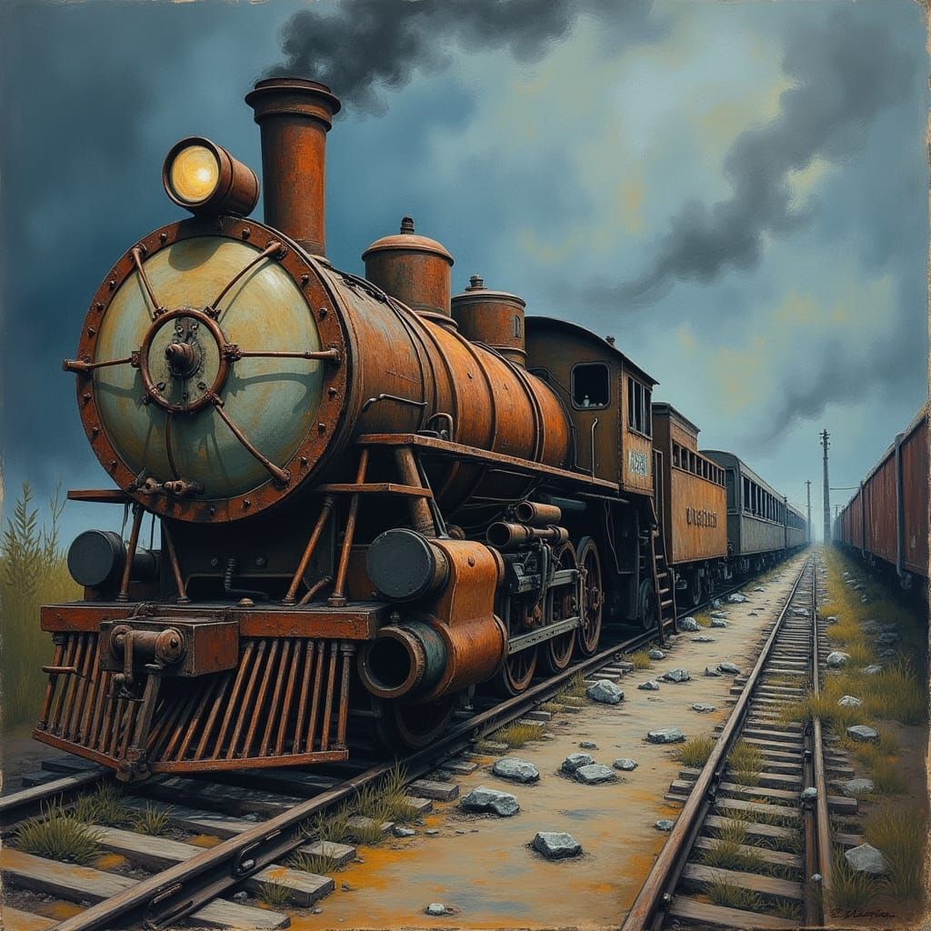 As unnatural creepy text, (Text: "DysTurbd ChaWx") as a tagged logo, appearing on the side of a rusty train engine. 
:: 
A crude, wide-strok...