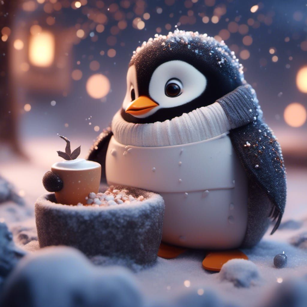 <lora:Kyoot:1.0> cute penguin with winter coat and hot coco