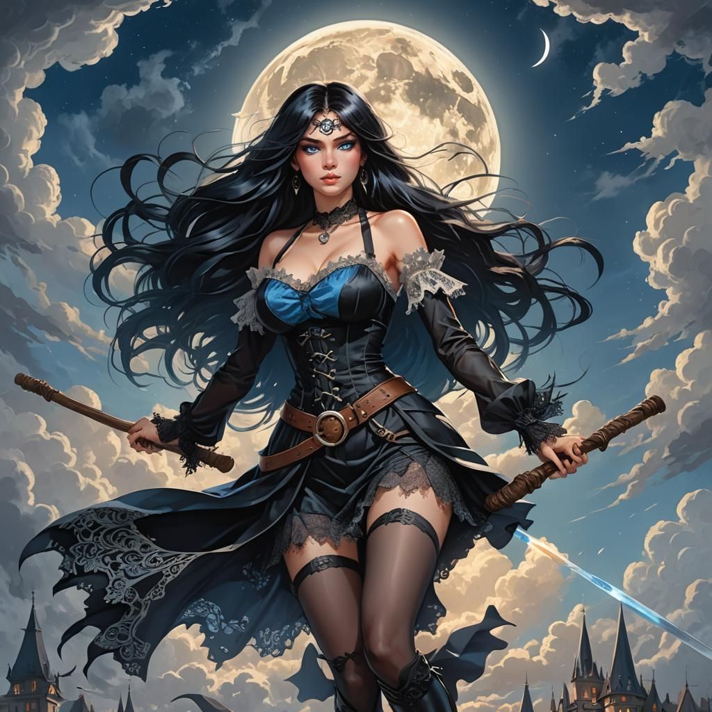 Beautiful Witch Rides Broomstick Under Full Moon