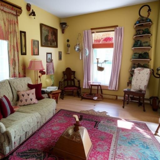 elderly woman living room with old style decorations, a row of ...