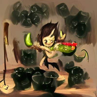 Tiny demon imp fiend throwing a pickle into a bushel of cucu...