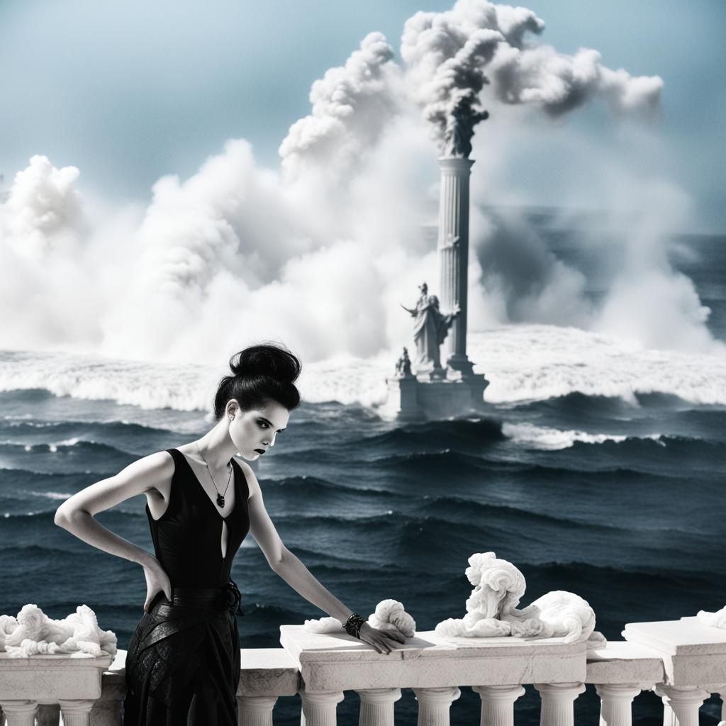 black and white photography. giant ocean waves. smoke. inten...