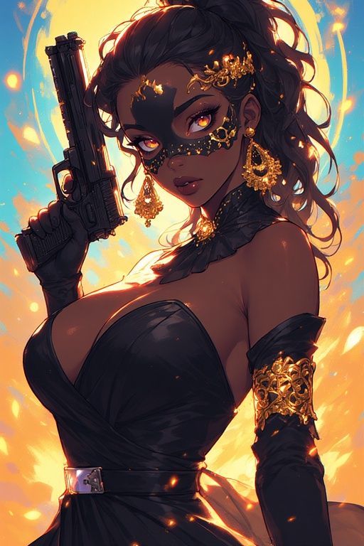 BLACK FEMALE GUNSLINGER IN A VENETIAN MASK DRESSED IN A BLAC...