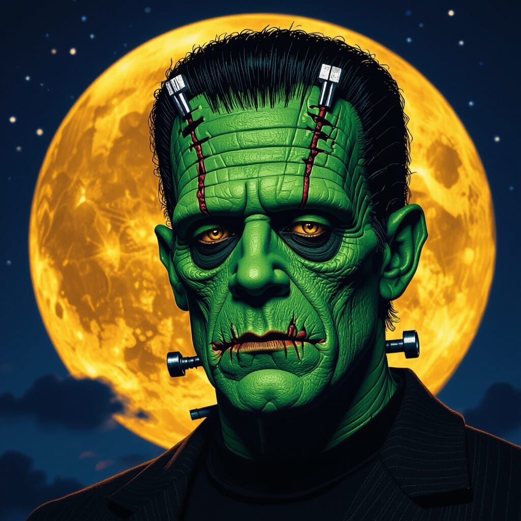 This image shows a hyperrealistic, green-skinned Frankenstein headshot against a night sky backdrop with a golden full moon. The face looks ...