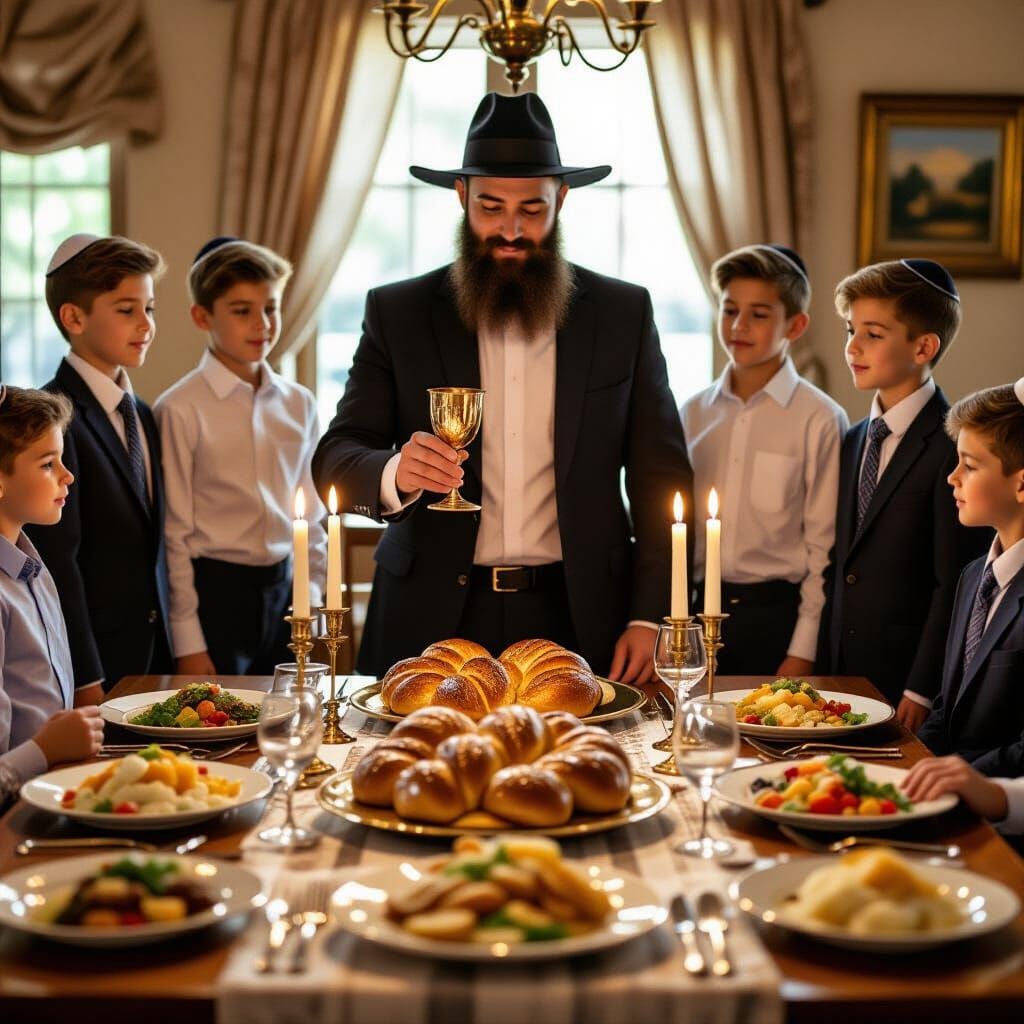 Shabbat Table Scene with Family and Food