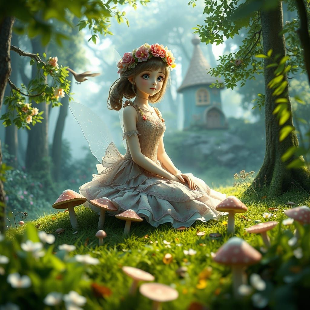 Ultra realistic fairy girl sits on the edge of the forest. Dressed in a beautiful dress with floral elements, a wreath of flowers on her hea...